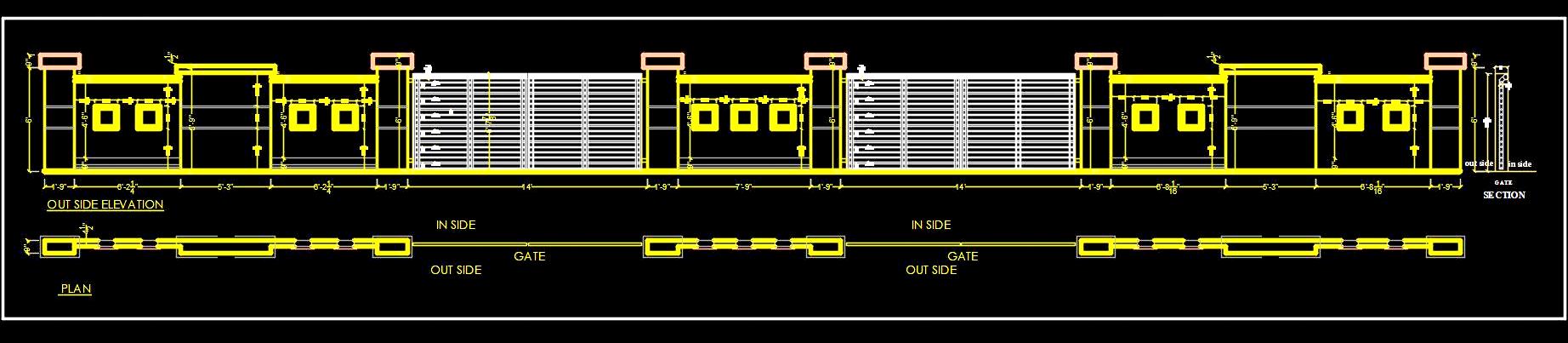 Compound Wall in Brick Masonry- Plan and Elevation in AutoCAD